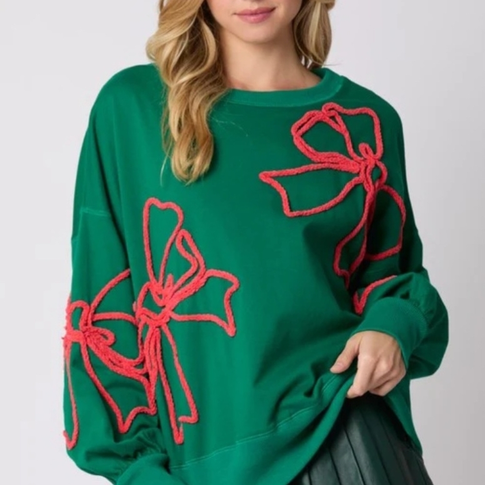 Green Sweatshirt with Red Bow Accents